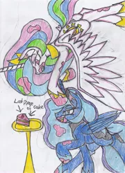 Size: 2425x3366 | Tagged: safe, artist:cuddlelamb, derpibooru import, princess celestia, princess luna, alicorn, pony, cake, duo, ear fluff, epic battle, fight, food, frosting, gritted teeth, majestic as fuck, messy, plate, sibling rivalry, simple background, stain, traditional art, white background