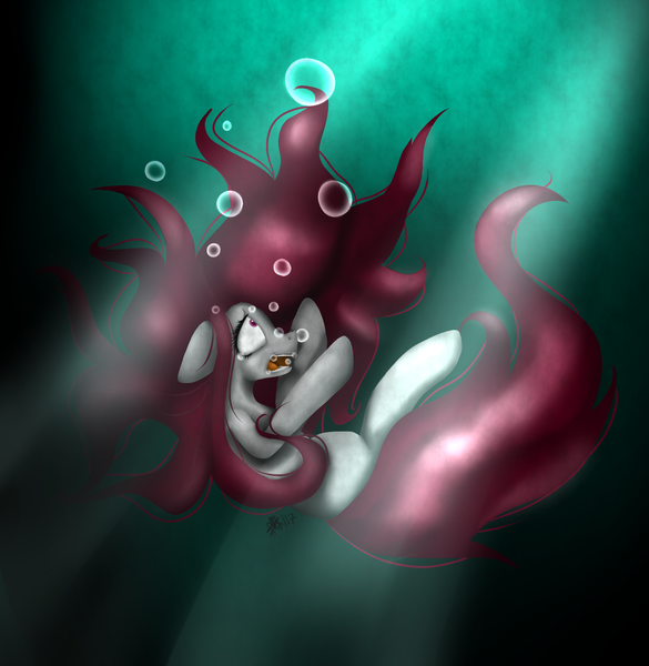 Size: 1395x1431 | Tagged: semi-grimdark, artist:xfireflamex, derpibooru import, oc, unofficial characters only, earth pony, pony, air bubble, asphyxiation, bubble, drowning, female, imminent death, mare, solo, underwater