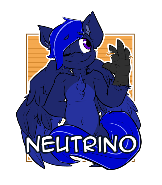 Size: 2100x2400 | Tagged: artist:bbsartboutique, badge, con badge, derpibooru import, hippogriff, oc, oc:neutrino burst, safe, shy, solo, unofficial characters only, waving