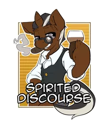 Size: 2100x2400 | Tagged: safe, artist:bbsartboutique, derpibooru import, oc, oc:spirited discourse, unofficial characters only, pony, unicorn, badge, cigar, clothes, con badge, glasses, jacket, skunk stripe, solo