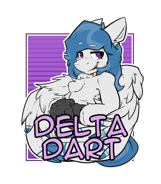 Size: 2100x2400 | Tagged: artist:bbsartboutique, badge, con badge, derpibooru import, hippogriff, looking at you, oc, oc:delta dart, safe, smirk, smug, solo, talons, unofficial characters only