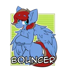 Size: 2100x2400 | Tagged: safe, artist:bbsartboutique, derpibooru import, oc, oc:bouncer, unofficial characters only, pegasus, pony, badge, con badge, smiling, solo