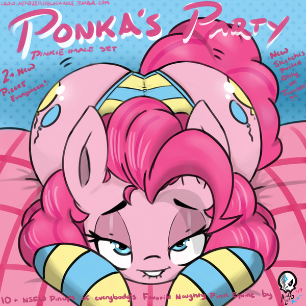 Size: 2000x2000 | Tagged: advertisement, artist:aer0 zer0, balloonbutt, bedroom eyes, both cutie marks, clothes, cover art, derpibooru import, female, large butt, lip bite, looking at you, panties, pinkie pie, pinup, ponka's party, socks, solo, solo female, striped socks, striped underwear, suggestive, the ass was fat, underwear