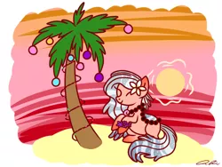 Size: 1400x1050 | Tagged: safe, artist:iheartjapan789, derpibooru import, oc, oc:island tide, unofficial characters only, original species, pond pony, pony, christmas lights, eyes closed, female, mare, palm tree, solo, tree