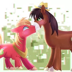 Size: 1600x1600 | Tagged: safe, artist:sugguk, derpibooru import, big macintosh, trouble shoes, earth pony, pony, blushing, cute, diabetes, freckles, gay, green eyes, hat, looking at each other, male, shipping, smiling, stallion, troublemac
