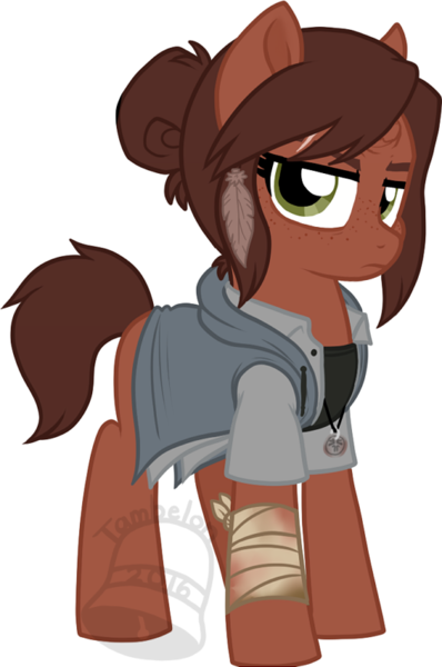 Size: 531x800 | Tagged: semi-grimdark, artist:tambelon, derpibooru import, ponified, pony, unicorn, bandage, broken horn, clothes, crossover, ellie, female, jacket, jewelry, mare, necklace, roleplay, shirt, simple background, solo, the last of us, transparent background