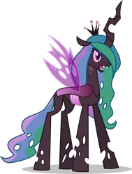 Size: 6800x9000 | Tagged: absurd resolution, alicorn, alternate universe, artist:limedazzle, changeling, changeling queen, colored pupils, crown, derpibooru import, fangs, female, fusion, hair over one eye, hissing, horn, insect wings, jagged horn, jewelry, mare, multicolored mane, multicolored tail, princess celestia, princess chryslestia, purple changeling, queen chrysalis, regalia, safe, simple background, solo, transparent background, vector