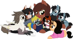 Size: 1024x546 | Tagged: safe, artist:tambelon, derpibooru import, oc, oc:emma, oc:mason, oc:mia, oc:ryder, oc:tyler, oc:winnie, oc:zoey, ponified, unofficial characters only, classical hippogriff, earth pony, gryphon, hinny, hippogriff, hybrid, pegasus, pony, unicorn, book, clothes, colt, crossover, ellie, female, filly, foal, male, mare, roleplay, the last of us, the walking dead, watermark