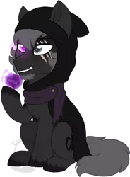 Size: 600x814 | Tagged: safe, artist:tambelon, derpibooru import, oc, oc:thanatos, unofficial characters only, earth pony, pony, cloak, clothes, magic, male, scar, solo, stallion, watermark