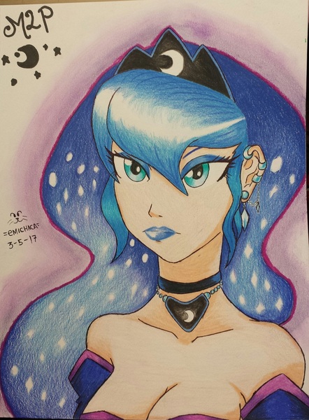 Size: 960x1302 | Tagged: artist:emichaca, choker, derpibooru import, human, humanized, jewelry, light skin, princess luna, safe, solo, traditional art