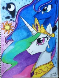 Size: 720x960 | Tagged: safe, artist:emichaca, derpibooru import, princess celestia, princess luna, alicorn, pony, bust, crown, cutie mark, female, jewelry, mare, peytral, photo, portrait, regalia, traditional art