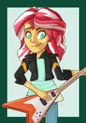 Size: 700x1000 | Tagged: safe, artist:xwreathofroses, derpibooru import, sunset shimmer, equestria girls, clothes, electric guitar, flying v, guitar, jacket, leather jacket, solo, sunset shredder