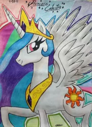 Size: 690x955 | Tagged: safe, artist:emichaca, derpibooru import, princess celestia, alicorn, pony, crown, female, jewelry, looking at you, mare, peytral, raised hoof, regalia, solo, spread wings, traditional art, wings