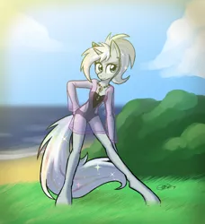 Size: 1024x1125 | Tagged: safe, artist:zaron, derpibooru import, oc, oc:prism, unofficial characters only, anthro, unguligrade anthro, unicorn, beach, clothes, ear piercing, earring, female, jewelry, mare, necklace, one-piece swimsuit, piercing, see-through, solo, swimsuit