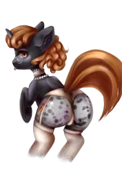 Size: 2480x3507 | Tagged: suggestive, artist:kukseleg, derpibooru import, oc, oc:graphia, unofficial characters only, pony, unicorn, bipedal, choker, clothes, commission, ear fluff, female, garter belt, glasses, lingerie, looking at you, looking back, looking back at you, mare, milf, panties, plot, signature, simple background, smiling, socks, solo, solo female, stockings, thigh highs, tongue out, transparent background, underwear, ych result