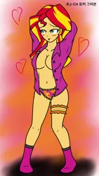 Size: 720x1280 | Tagged: suggestive, artist:ajrrhvk12, derpibooru import, sunset shimmer, equestria girls, arm behind head, bedroom eyes, belly button, blushing, breasts, cleavage, clothes, cutie mark underwear, female, garter, heart, lidded eyes, open clothes, open shirt, panties, smiling, socks, solo, solo female, tongue out, underwear