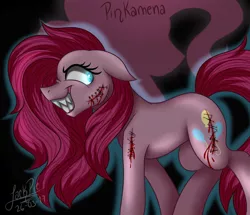 Size: 1800x1550 | Tagged: grimdark, artist:jack-pie, derpibooru import, pinkie pie, earth pony, pony, blood, fangs, female, floppy ears, looking back, mare, pinkamena diane pie, signature, smiling, solo, stitches