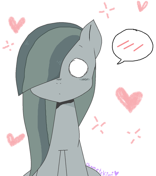 Size: 1068x1204 | Tagged: safe, artist:chametzkiwi, derpibooru import, marble pie, pony, blushing, hair over one eye, sitting, solo