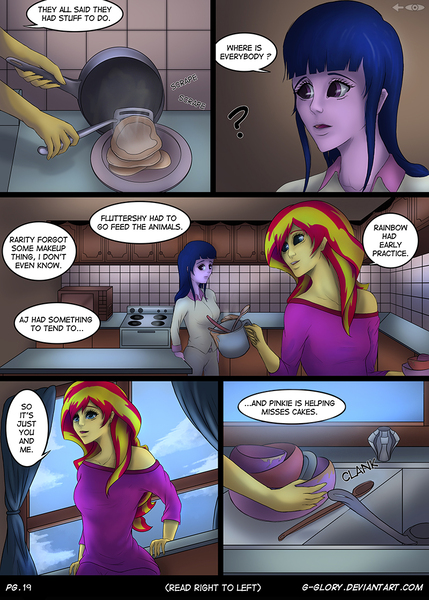 Size: 800x1120 | Tagged: safe, artist:g-glory, derpibooru import, sunset shimmer, twilight sparkle, comic:up late, equestria girls, cabinet, clothes, comic, dialogue, dishes, female, food, kitchen, lesbian, pajamas, pancakes, shipping, speech bubble, stove, sunsetsparkle, window