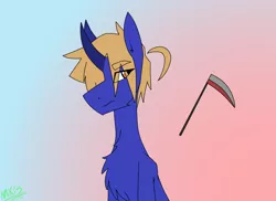 Size: 1172x854 | Tagged: safe, artist:moonakart13, artist:moonaknight13, derpibooru import, oc, unofficial characters only, pony, unicorn, antenna, chest fluff, frown, gradient background, hair antenna, scythe, solo