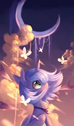 Size: 1600x2700 | Tagged: safe, artist:gianghanz, derpibooru import, princess luna, alicorn, butterfly, pony, crescent moon, cute, female, filly, looking up, lunabetes, moon, profile, sitting, sky, solo, twilight (astronomy), windswept mane, woona, younger