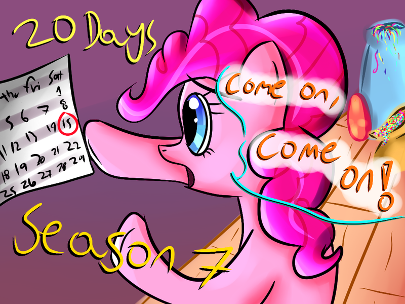 Size: 1024x768 | Tagged: safe, artist:katakiuchi4u, derpibooru import, part of a set, pinkie pie, season 7, calendar, confetti, countdown to season 7, party cannon, solo, speech bubble