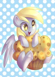 Size: 3000x4200 | Tagged: safe, artist:drawntildawn, derpibooru import, derpy hooves, pegasus, pony, absurd resolution, cute, food, happy, muffin, open mouth, polka dots, smiling, solo, watermark