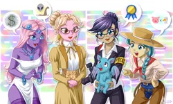 Size: 1500x900 | Tagged: safe, artist:uotapo, derpibooru import, idw, calamity mane, cauldron bubbles, marian, nosey news, pigasus, equestria girls, chaps, clothes, cowgirl outfit, dress, equestria girls-ified, glasses, hat, open mouth, panties, panty shot, quill (character), side slit, speech bubble, suit