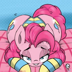 Size: 2000x2000 | Tagged: suggestive, artist:aer0 zer0, derpibooru import, pinkie pie, earth pony, pony, balloonbutt, bedroom eyes, both cutie marks, clothes, female, lip bite, looking at you, panties, pinup, ponka's party, socks, solo, solo female, striped socks, striped underwear, the ass was fat, underwear