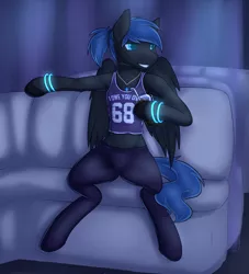 Size: 2585x2844 | Tagged: suggestive, artist:daf, derpibooru import, oc, oc:midnight light, unofficial characters only, pegasus, pony, clothes, couch, drink, female, glow bracelets, smiling, solo, solo female, tanktop, tight clothing, yoga pants