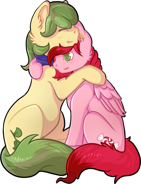 Size: 462x600 | Tagged: safe, artist:yujami, derpibooru import, oc, oc:cotton candy, oc:mossy vine, unofficial characters only, earth pony, pegasus, pony, cute, gay, hug, male, shipping, stallion