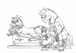 Size: 1500x1048 | Tagged: safe, artist:baron engel, derpibooru import, apple bloom, oc, oc:glowing coals, earth pony, pony, farrier, female, horseshoes, male, monochrome, pencil drawing, stallion, story in the source, traditional art