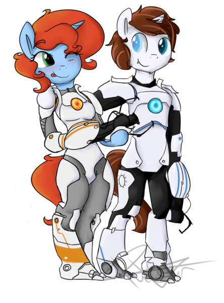 Size: 1410x1906 | Tagged: anthro, artist:pucksterv, clothes, cosplay, costume, derpibooru import, oc, oc:panic moon, oc:watcher, portal, portal 2, portal gun, portal (valve), safe, simple background, transparent background, unofficial characters only