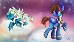 Size: 1024x576 | Tagged: safe, artist:animechristy, derpibooru import, sky stinger, vapor trail, oc, pegasus, pony, top bolt, clothes, cloud, commission, kissing, looking back, male, raised hoof, shipping, smiling, stallion, straight, uniform, vaporsky, watermark, wonderbolts uniform