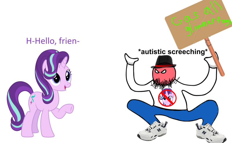 Size: 3555x2198 | Tagged: safe, derpibooru import, screencap, starlight glimmer, pony, unicorn, totally legit recap, /mlp/, 1000 years in photoshop, 4chan, ableism, angry, autism, autistic screeching, clothes, drama, duo, fedora, female, hat, mare, meme, metadrama, ms paint, neckbeard, op has a point, open mouth, pants, raised hoof, raised leg, shirt, shoes, sign, simple background, smiling, sneakers, starlight drama, starlight drama drama, stereotype, strawman, text, underhoof, vulgar, what are thoooose, white background