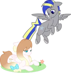 Size: 1024x1056 | Tagged: safe, artist:kevinerino, derpibooru import, oc, oc:angelic shield, oc:silverstar, unofficial characters only, pegasus, pony, bow, female, flower, flying, male, mare, prone, stallion, tail bow