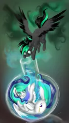 Size: 720x1280 | Tagged: safe, artist:black-opal1, derpibooru import, oc, oc:color swirl, oc:hope, unofficial characters only, pegasus, pony, female, mare, round bottom flask, spread wings, wings