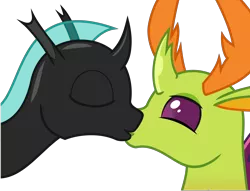 Size: 2700x2067 | Tagged: safe, artist:derphed, derpibooru import, thorax, oc, oc:steel crescent, changedling, changeling, canon x oc, changeling oc, gay, husbando, king thorax, kissing, male, request, shipping, simple background, transparent background