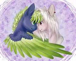 Size: 1268x1024 | Tagged: safe, artist:graypillow, derpibooru import, oc, unofficial characters only, pegasus, pony, unicorn, ear fluff, ear piercing, eye contact, female, green eyes, hug, looking at each other, male, nuzzling, piercing, purple eyes, shipping, straight, winghug