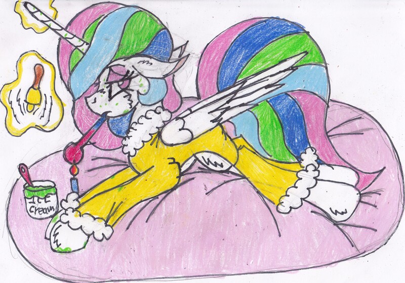 Size: 3027x2117 | Tagged: safe, artist:cuddlelamb, derpibooru import, princess celestia, alicorn, pony, bathrobe, bed, bell, candle, clothes, floppy ears, food, high res, ice cream, lazy, magic, prone, robe, sick, simple background, solo, spots, telekinesis, thermometer, traditional art, uselesstia, white background