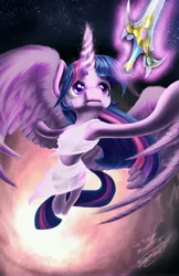 Size: 4400x6800 | Tagged: safe, artist:althyra-nex, derpibooru import, part of a set, twilight sparkle, twilight sparkle (alicorn), alicorn, pony, absurd resolution, armpits, clothes, flying, knights of harmony, magic, part of a series, solo, space, sword, telekinesis, weapon