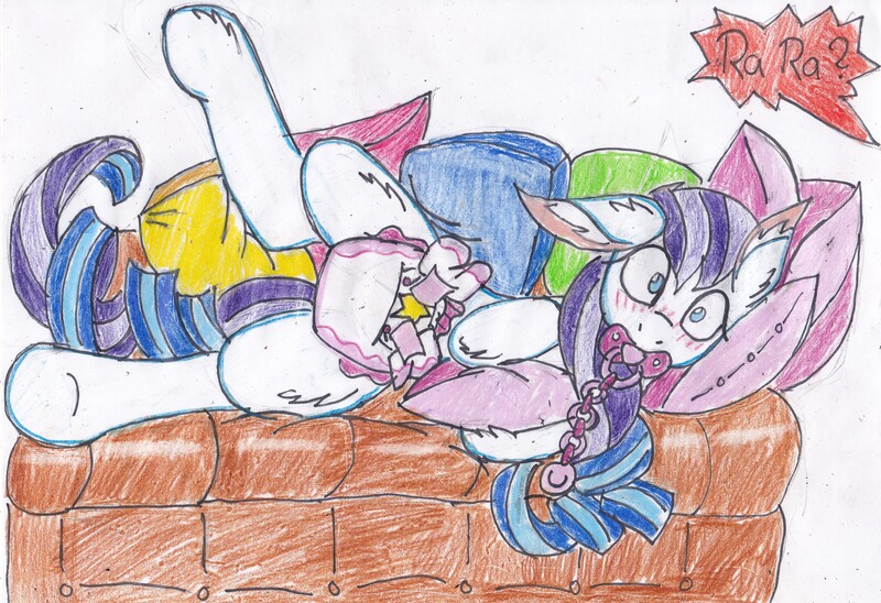 Size: 3476x2380 | Tagged: questionable, artist:cuddlelamb, derpibooru import, coloratura, earth pony, pony, fanfic, abdl, adult foal, blushing, caught, couch, cushion, diaper, diaper fetish, ear fluff, fanfic art, female, floppy ears, high res, implied applejack, leg in air, link in description, lying, offscreen character, pacifier, pillow, rara, side, simple background, solo, solo female, story included, traditional art, white background, wide eyes