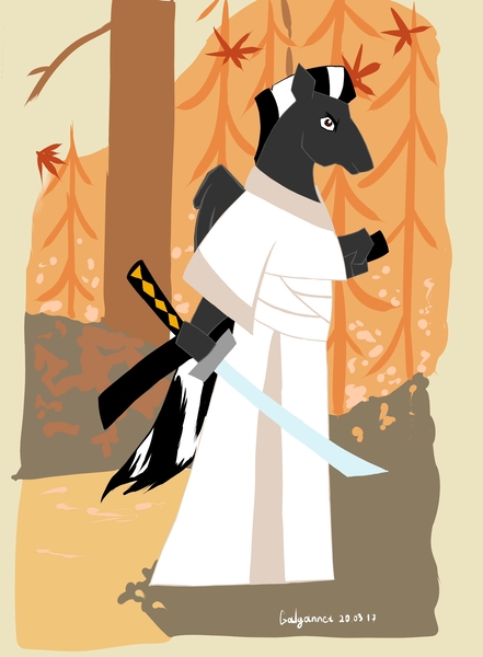 Size: 2207x3000 | Tagged: anthro, artist:galgannet, crossover, derpibooru import, katana, oc, oc:ruhig fortepiano, safe, samurai jack, solo, sword, unofficial characters only, weapon