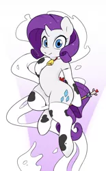 Size: 1135x1827 | Tagged: suggestive, artist:zoarity, derpibooru import, rarity, cow, pony, unicorn, bell, clothes, cowbell, cowprint, female, magical girl, milk, raricow, socks, solo, species swap, wand