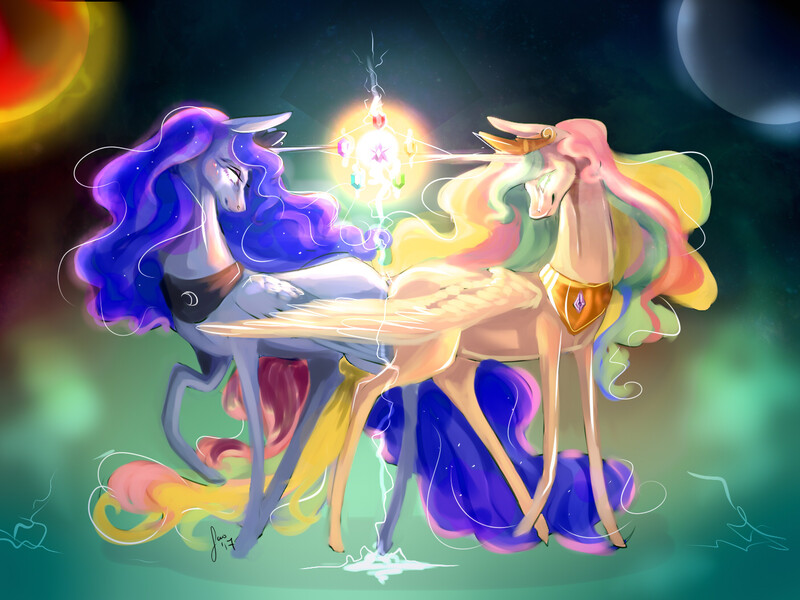 Size: 1400x1050 | Tagged: safe, artist:saoiirse, derpibooru import, princess celestia, princess luna, alicorn, pony, elements of discord, elements of harmony, lineless, nightmare night, royal sisters, sisters