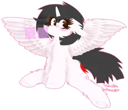 Size: 1024x875 | Tagged: safe, artist:vanillaswirl6, derpibooru import, oc, oc:bella, unofficial characters only, alicorn, pony, alicorn oc, blushing, brown eyes, cheek fluff, chest fluff, chibi, colored eyelashes, cute, cutie mark, ear fluff, female, floppy ears, fluffy, glasses, looking at you, messy mane, mouth hold, no pupils, scrunchy face, signature, simple background, sitting, solo, spread wings, transparent background, underhoof, wing fluff, wings