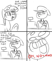 Size: 600x700 | Tagged: artist:provolonepone, cashier, comic strip, derpibooru import, dialogue, duo, food, food pony, implied cannibalism, implying, oc, oc:peetzer, original species, pizza, pizza pony, safe, unofficial characters only