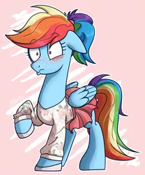 Size: 1090x1308 | Tagged: safe, artist:nolycs, derpibooru import, rainbow dash, pony, alternate hairstyle, blushing, clothes, commission, cute, dashabetes, female, mare, moe, pleated skirt, ponytail, rainbow dash always dresses in style, skirt, skirt lift, solo