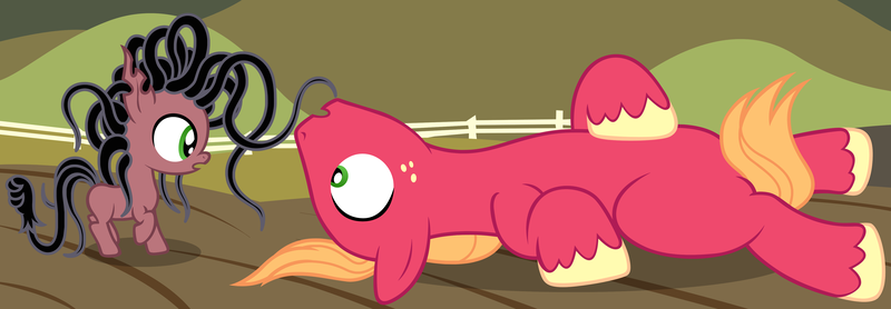 Size: 4432x1540 | Tagged: safe, artist:badumsquish, derpibooru import, big macintosh, oc, earth pony, hybrid, original species, plant pony, pony, 5-year-old, absurd resolution, black vine, colt, eye contact, foal, hoof on belly, interspecies offspring, looking at each other, male, offspring, on back, parent:big macintosh, parent:poison vine, poison vine, raised leg, stallion, surprised, tail between legs