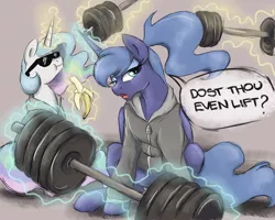 Size: 2500x2000 | Tagged: safe, artist:buttersprinkle, derpibooru import, princess celestia, princess luna, alicorn, pony, :t, alternate hairstyle, banana, bananalestia, barbell, cheating, clothes, dialogue, do you even lift, duo, duo female, female, food, hoodie, levitation, lidded eyes, lifting, magic, mare, meme, open mouth, ponytail, royal sisters, s1 luna, sunglasses, telekinesis, weights, ye olde butcherede englishe, you're such a cheater bro